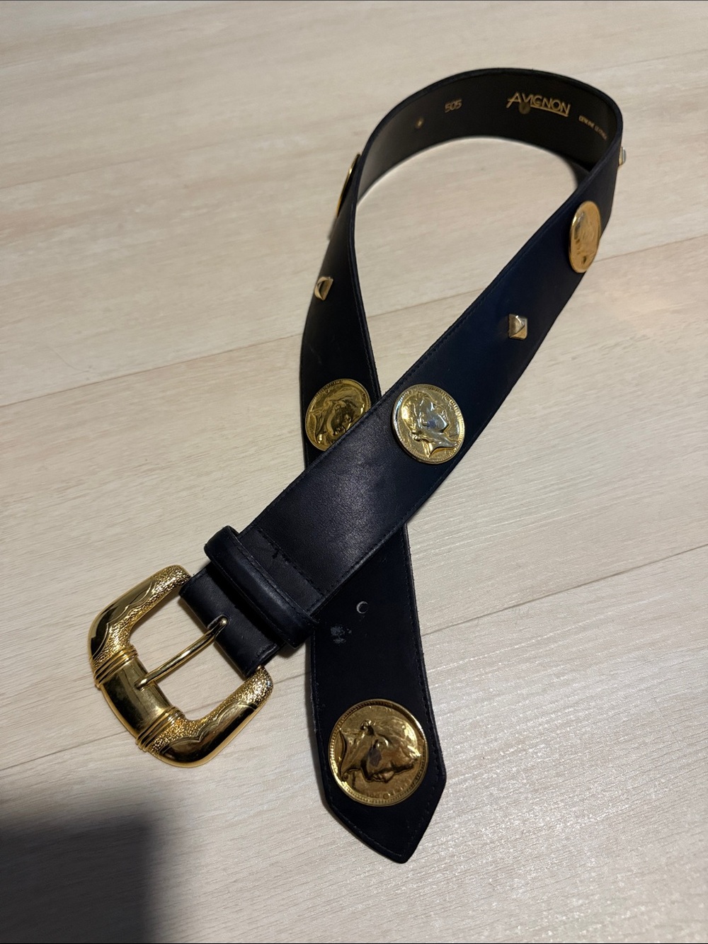 Vintage Avignon Black Leather Belt with Gold Coin Accents